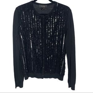 St. John Black Embellished Sequin Ruffle Cardigan Button Sweater